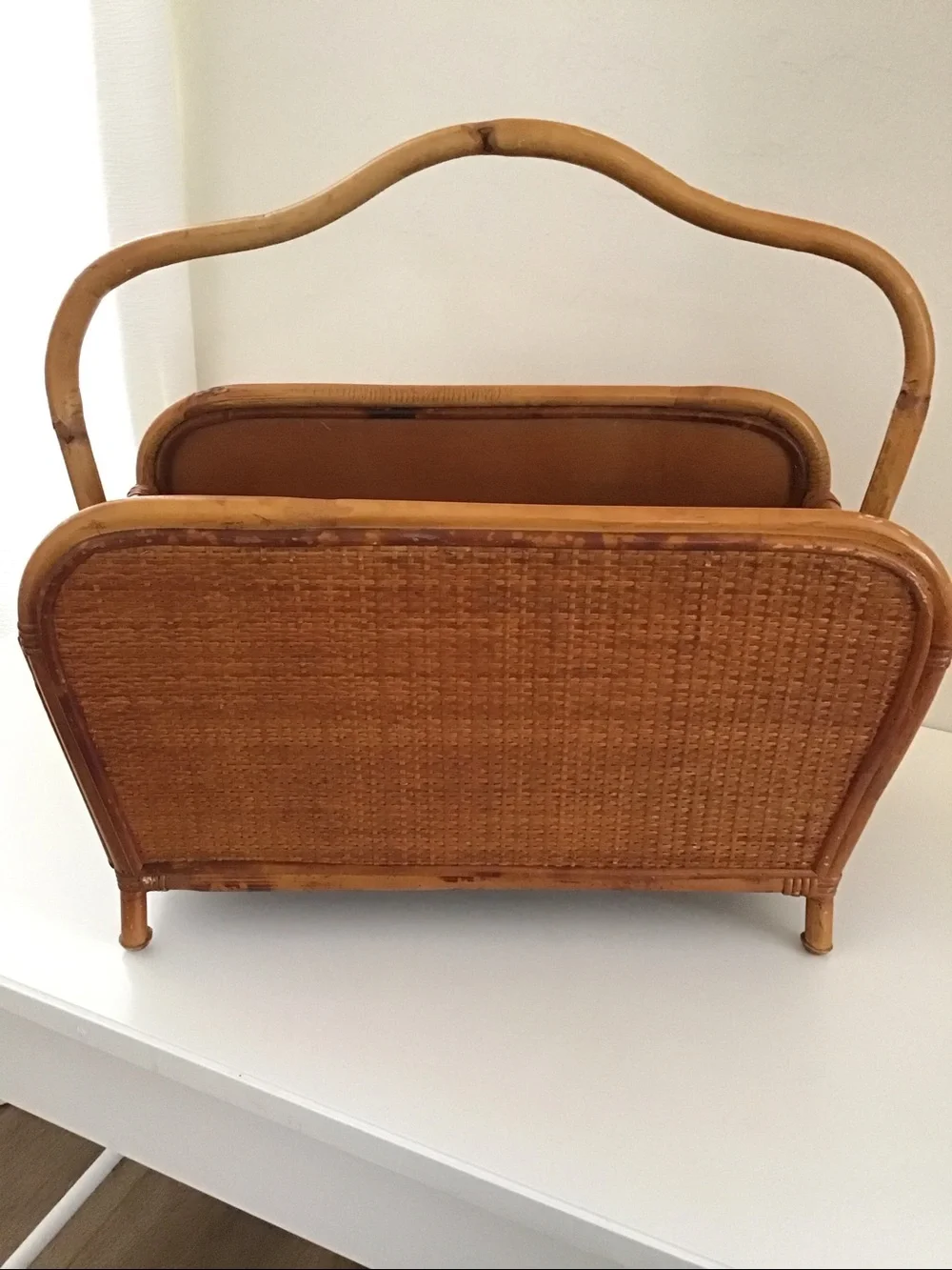 Vintage 1950s magazine rack bent bamboo frame, woven rattan side
